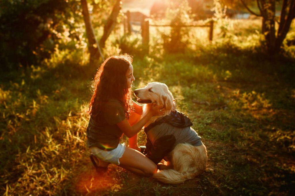 Young girl kneeling and bonding with golden retriever in a sunny, rural meadow.